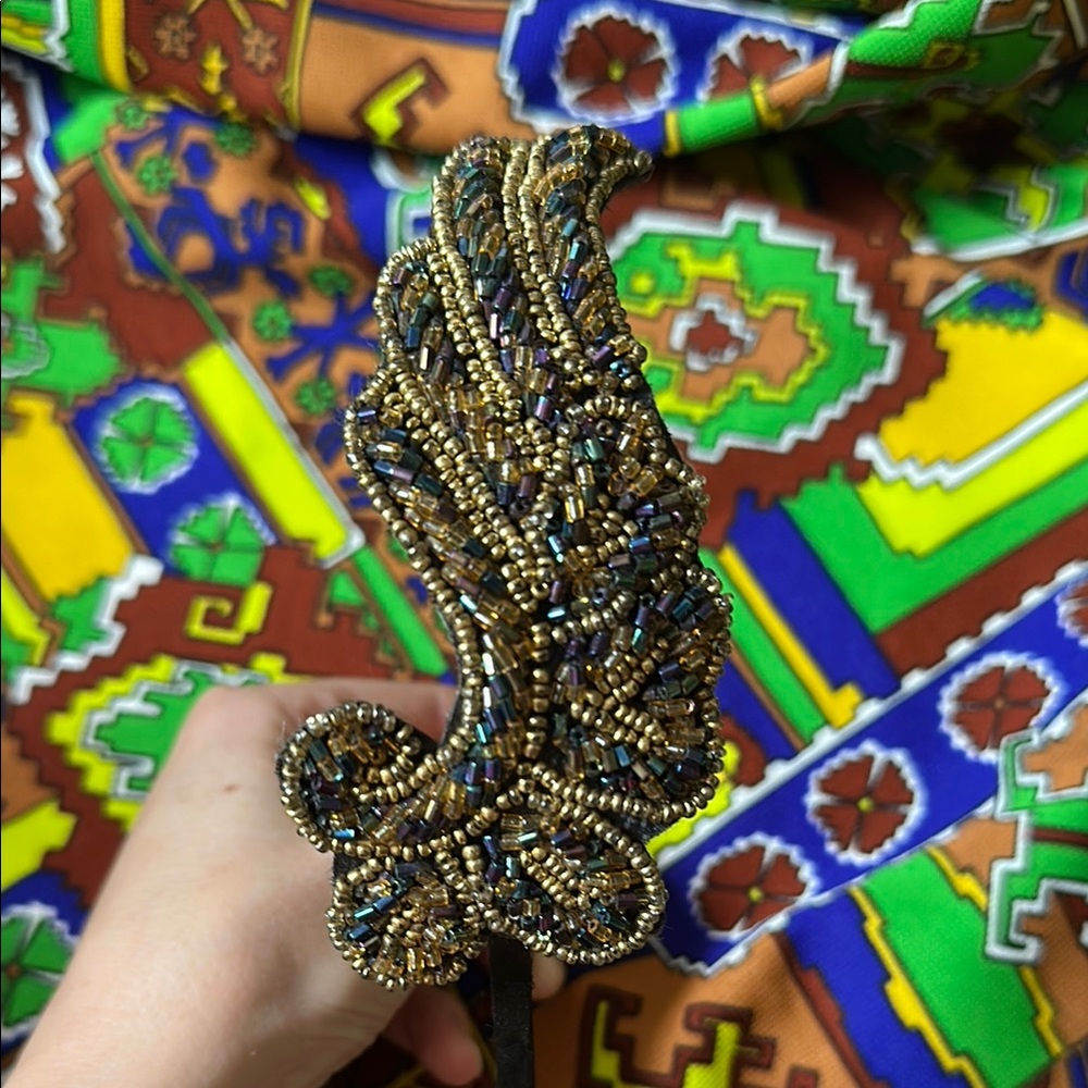 VINTAGE Beaded Head Band Accessory Gold Black Multicolour Bead Hair